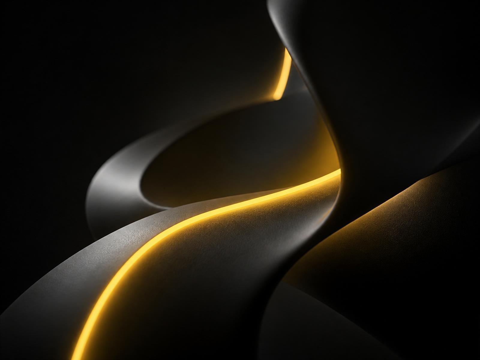 Sculptural black form lit by a single golden light ribbon